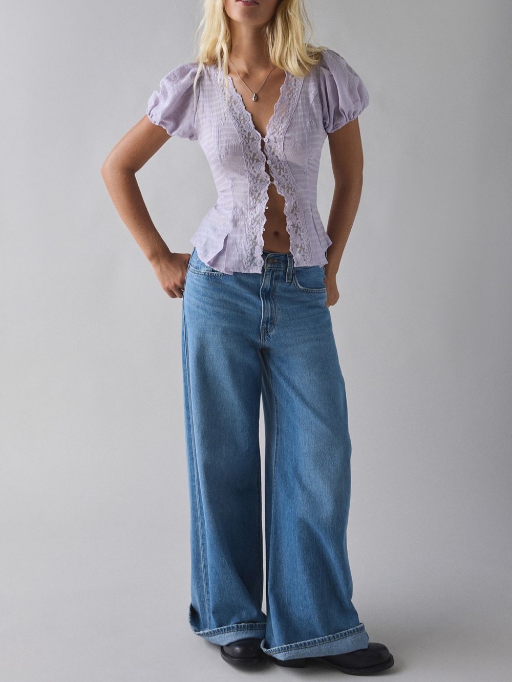 Kimchi Blue Aurelia Lace Trim Puff Sleeve Blouse - Picture 3 of 6